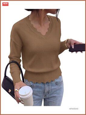 Women's Long Sleeve V-Neck Ribbed Knit Sweater Pullover Lightweight